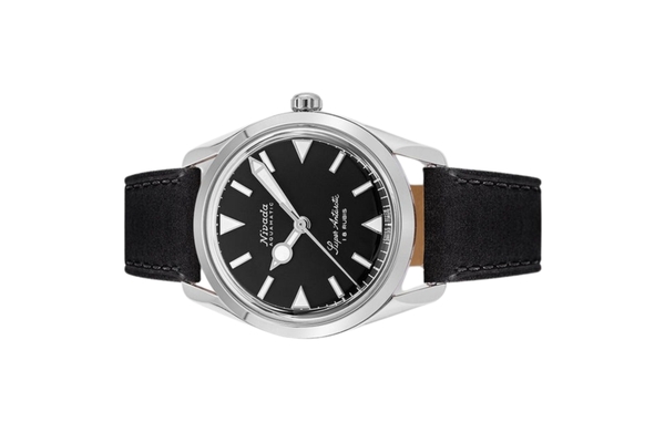 Đồng hồ đeo tay thương hiệu Nivada Grenchen, dòng sản phẩm Super Antarctic, Ref num 35014M, mặt số đen, size 35mm, máy lên dây cót, vỏ bằng thép không gỉ 316L, dây da bò, mới 100%