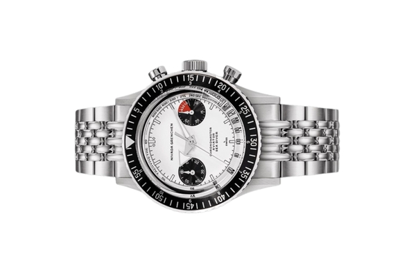 Đồng hồ đeo tay thương hiệu Nivada Grenchen, dòng sản phẩm Chronomaster, Ref no: 86010WM, mặt số trắng Panda, size 38mm, lên dây cót bằng tay, vỏ và dây đồng hồ bằng thép không gỉ, mới 100%