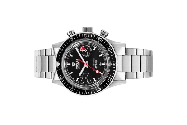 Đồng hồ đeo tay thương hiệu Nivada Grenchen, dòng sản phẩm Chronomaster White Lollipop, Ref no: 86011WM, mặt số màu đen, size 38mm, lên dây cót bằng tay, vỏ và dây đồng hồ bằng thép không gỉ, mới 100%