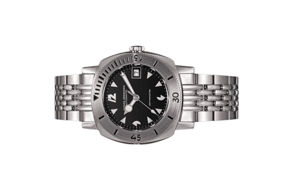 Đồng hồ đeo tay thương hiệu Nivada Grenchen, dòng sản phẩm Depthmaster - Pacman, Ref number: 14104A, mặt số đen, size 39mm, máy tự động, vỏ và dây đồng hồ bằng thép không gỉ 316, mới 100%