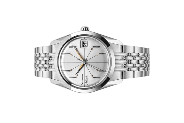 Đồng hồ đeo tay thương hiệu Nivada Grenchen, dòng sản phẩm Antarctic Spider, Ref num 35012M, mặt số bạc, size 35mm, máy lên cót tay, vỏ và dây đồng hồ bằng thép không gỉ 316L, mới 100%