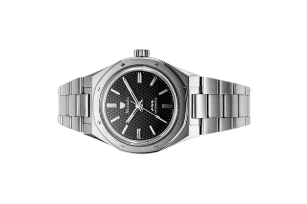 Đồng hồ đeo tay thương hiệu Nivada Grenchen, dòng sản phẩm F77, Ref number: 68000A, mặt số đen, size 37mm, máy tự động, vỏ và dây đồng hồ bằng thép không gỉ , mới 100%