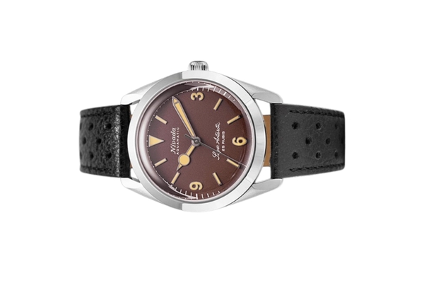 Đồng hồ đeo tay thương hiệu Nivada Grenchen, dòng sản phẩm Super Antarctic 3.6.9, Ref num 32041A, mặt số nâu Matt, size 38mm, máy tự động, vỏ bằng thép không gỉ 316L, dây da bò, mới 100%