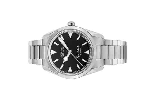 Đồng hồ đeo tay thương hiệu Nivada Grenchen, dòng sản phẩm Super Antarctic, Ref num 35014M, mặt số đen, size 35mm, máy lên dây cót, vỏ và dây đồng hồ bằng thép không gỉ 316L, mới 100%