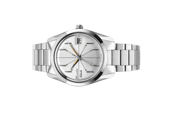 Đồng hồ đeo tay thương hiệu Nivada Grenchen, dòng sản phẩm Antarctic Spider, Ref num 35012M, mặt số bạc, size 35mm, máy lên cót tay, vỏ và dây đồng hồ bằng thép không gỉ 316L, mới 100%