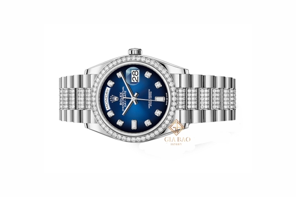 Đồng hồ Rolex Day-Date 36 128349RBR Mặt Số Ombré Xanh Dương Và Dây Đeo President Nạm Kim Cương
