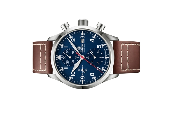 Đồng hồ đeo tay thương hiệu Tutima, dòng sản phẩm Flieger Legacy, Ref no: 6405-03, mặt số xanh dương, size 41mm, máy tự động, vỏ đồng hồ bằng titanium và dây đeo da Horween, hàng mới 100%