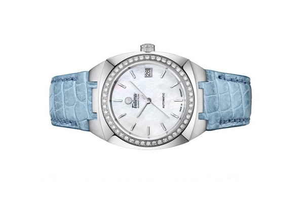 Đồng hồ đeo tay thương hiệu Tutima, dòng sản phẩm Saxon One Lady, Ref no: 6701-02, mặt số xà cừ, size 36mm, máy tự động, vỏ đồng hồ bằng thép không gỉ và dây da cá sấu, hàng mới 100%