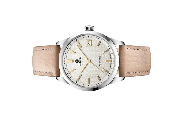 Đồng hồ đeo tay thương hiệu Tutima, dòng sản phẩm Lady Sky, Ref no: 6705-01, mặt số trắng Opal, size 34mm, máy tự động, vỏ đồng hồ bằng thép không gỉ và dây da, hàng mới 100%