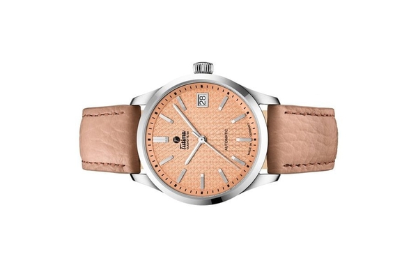 Đồng hồ đeo tay thương hiệu Tutima, dòng sản phẩm Lady Sky, Ref no: 6705-03, mặt số Peach Fuzz, size 34mm, máy tự động, vỏ đồng hồ bằng thép không gỉ và dây da, hàng mới 100%