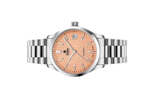 Đồng hồ đeo tay thương hiệu Tutima, dòng sản phẩm Lady Sky, Ref no: 6705-04, mặt số Peach Fuzz, size 34mm, máy tự động, vỏ và dây đồng hồ bằng thép không gỉ, hàng mới 100%