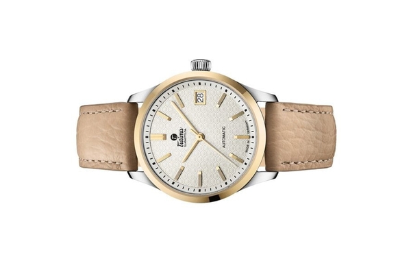 Đồng hồ đeo tay thương hiệu Tutima, dòng sản phẩm Lady Sky, Ref no: 6705-21, mặt số trắng Opal, size 34mm, máy tự động, vỏ đồng hồ bằng thép không gỉ, vàng vàng 18k và dây da, hàng mới 100%