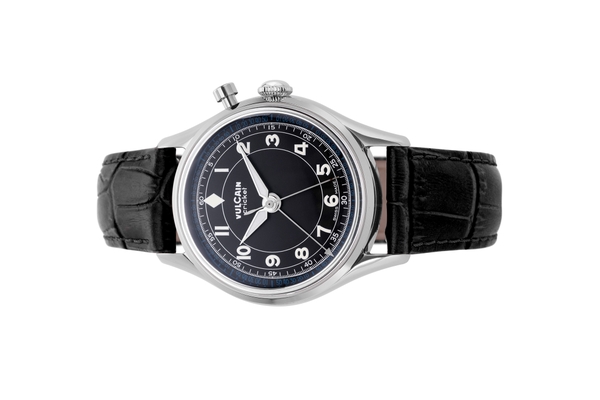 Đồng hồ đeo tay thương hiệu Vulcain, dòng sản phẩm Cricket Classique, Ref no: 100169B07, mặt số màu đen, size 36mm, máy lên cót tay, vỏ đồng hồ thép không gỉ, dây da cá sấu, hàng mới 100%