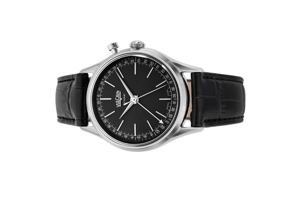 Đồng hồ đeo tay thương hiệu Vulcain, dòng sản phẩm Cricket President, Ref no: 100172A00, mặt số màu đen size 36mm, máy lên cót tay, vỏ đồng hồ thép không gỉ 316L, dây da bê, hàng mới 100%