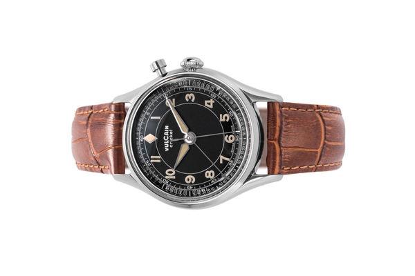 Đồng hồ đeo tay thương hiệu Vulcain, dòng sản phẩm Cricket Classique, Ref no: 100169B97, mặt số màu đen Kaki, size 36mm, máy lên cót tay, vỏ đồng hồ thép không gỉ, dây da cá sấu, hàng mới 100%