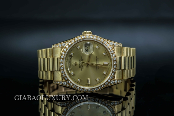 Đồng Hồ Rolex Day-Date 36 18388 Mặt Số Champagne Nạm Kim Cương