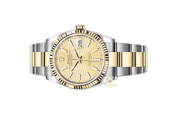 Đồng Hồ Rolex Datejust 36 126233 Mặt Số Vàng Champagne Vân Gấp Nếp Cọc Số Dạ Quang Dây Đeo Oyster