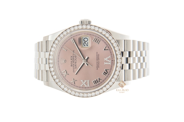 Đồng Hồ Rolex Datejust 36 126284RBR Mặt Số Hồng Cọc Số La Mã Đính Kim Cương