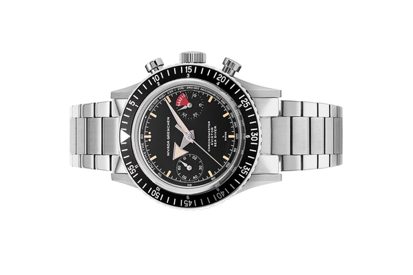 Đồng hồ đeo tay thương hiệu Nivada Grenchen, dòng sản phẩm Chronomaster Broad Arrow, Ref no: 86056M, mặt số màu đen, size 38mm, lên dây cót bằng tay, vỏ và dây đồng hồ bằng thép không gỉ, mới 100%