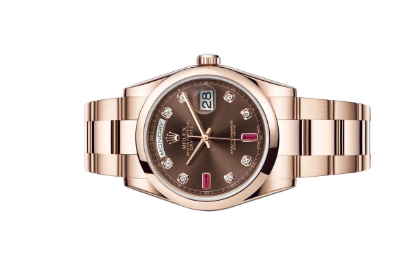 Đồng Hồ Rolex Day-Date 36 118205 Mặt Số Chocolate Nạm Đá Ruby Đỏ Dây Đeo Oyster