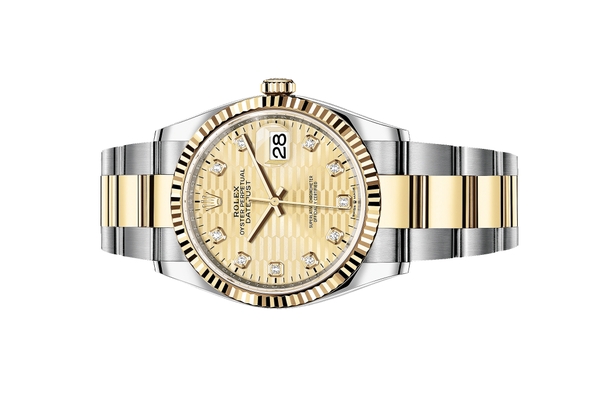 Đồng Hồ Rolex Datejust 36 126233 Mặt Số Vàng Champagne Vân Gấp Nếp Cọc Số Nạm Kim Cương Dây Đeo Oyster