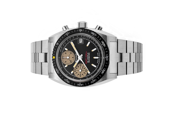 Đồng hồ đeo tay thương hiệu Nivada Grenchen, dòng sản phẩm Chronosport, Ref number: 77001A45, mặt số màu đen size 38mm, máy tự động, dây và vỏ bằng thép không gỉ 316L, mới 100%