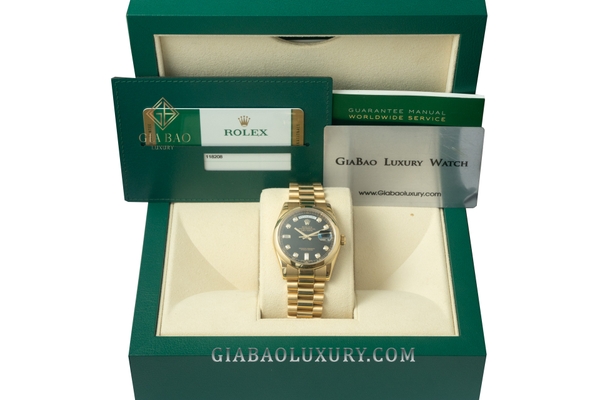 Đồng Hồ Rolex Day Date 36 118208 Mặt Số Đen Nạm Kim Cương