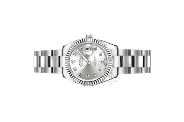 Đồng Hồ Rolex Lady Datejust 179174 Mặt Số Bạc Cọc Số Kim Cương Dây Đeo Oyster