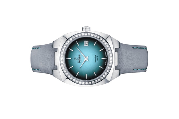 Đồng hồ đeo tay thương hiệu Tutima, dòng sản phẩm Saxon One Lady S, Ref no: 6703-06, mặt số xanh Dégradé, size 34mm, máy pin, vỏ đồng hồ bằng thép không gỉ và dây da, hàng mới 100%