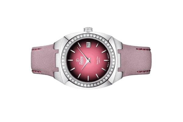 Đồng hồ đeo tay thương hiệu Tutima, dòng sản phẩm Saxon One Lady S, Ref no: 6703-08, mặt số hoa hồng Dégradé, size 34mm, máy pin, vỏ đồng hồ bằng thép không gỉ và dây da, hàng mới 100%