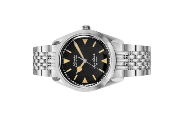 Đồng hồ đeo tay thương hiệu Nivada Grenchen, dòng sản phẩm Super Antarctic, Ref num 32024A, mặt số đen mờ, size 38mm, máy tự động, vỏ và dây đồng hồ bằng thép không gỉ 316L, mới 100%
