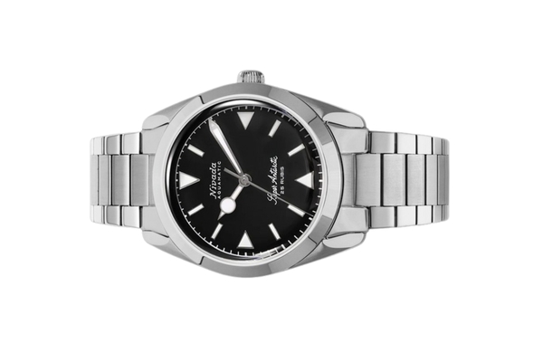 Đồng hồ đeo tay thương hiệu Nivada Grenchen, dòng sản phẩm Super Antarctic, Ref num 32025A, mặt số đen mờ, size 38mm, máy tự động, vỏ và dây đồng hồ bằng thép không gỉ 316L, mới 100%