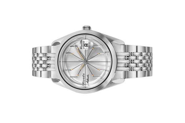 Đồng hồ đeo tay thương hiệu Nivada Grenchen, dòng sản phẩm Antarctic Spider, Ref num 32023A, mặt số Sunray chải bạc trắng, size 38mm, máy tự động, vỏ và dây đồng hồ bằng thép không gỉ 316L, mới 100%