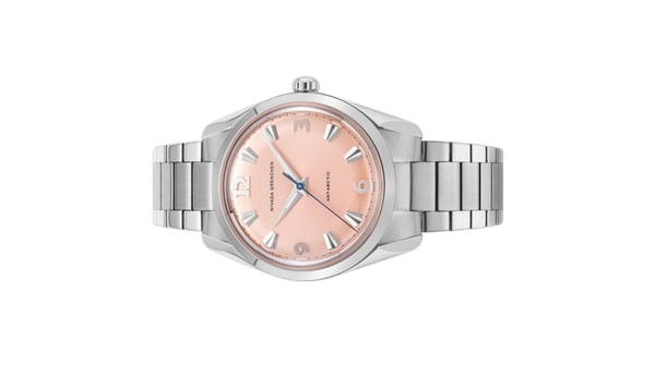 Đồng hồ đeo tay thương hiệu Nivada Grenchen, dòng sản phẩm Antarctic, Ref number: 35018M, mặt số Sunray chải tia cá hồi, size 35mm, máy lên cót tay, vỏ và dây đồng hồ bằng thép không gỉ 316, mới 100%