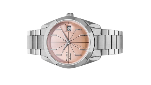Đồng hồ đeo tay thương hiệu Nivada Grenchen, dòng sản phẩm Antarctic Spider, Ref num 32042A, mặt số hồng cam, size 38mm, máy tự động, vỏ và dây đồng hồ bằng thép không gỉ 316L, mới 100%