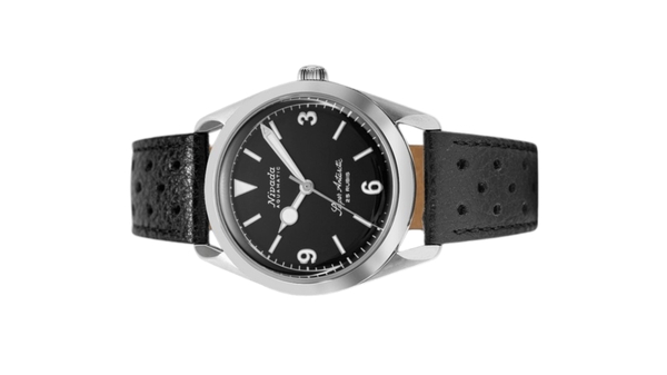 Đồng hồ đeo tay thương hiệu Nivada Grenchen, dòng sản phẩm Super Antarctic 3.6.9, Ref num 32039A, mặt số đen mờ, size 38mm, máy tự động, vỏ bằng thép không gỉ 316L, dây da bò, mới 100%