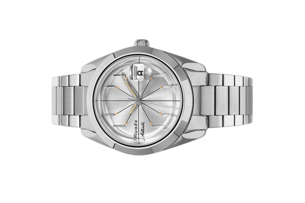 Đồng hồ đeo tay thương hiệu Nivada Grenchen, dòng sản phẩm Antarctic Spider, Ref num 32023A, mặt số Sunray chải bạc trắng, size 38mm, máy tự động, vỏ và dây đồng hồ bằng thép không gỉ 316L, mới 100%