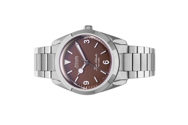 Đồng hồ đeo tay thương hiệu Nivada Grenchen, dòng sản phẩm Super Antarctic 3.6.9, Ref num 32040A, mặt số nâu Matt, size 38mm, máy tự động, vỏ và dây đồng hồ bằng thép không gỉ 316L, mới 100%