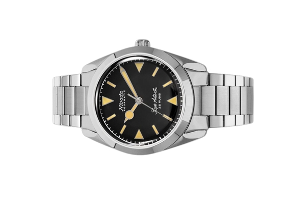 Đồng hồ đeo tay thương hiệu Nivada Grenchen, dòng sản phẩm Super Antarctic, Ref num 32024A, mặt số đen mờ, size 38mm, máy tự động, vỏ và dây đồng hồ bằng thép không gỉ 316L, mới 100%