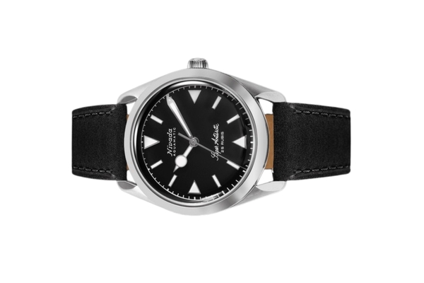 Đồng hồ đeo tay thương hiệu Nivada Grenchen, dòng sản phẩm Super Antarctic, Ref num 32025A, mặt số đen mờ, size 38mm, máy tự động, vỏ bằng thép không gỉ 316L, dây da bò, mới 100%