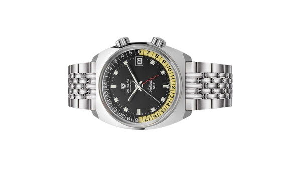 Đồng hồ đeo tay thương hiệu Nivada Grenchen, dòng sản phẩm Antarctic GMT, Ref num 32043A, mặt số đen, size 36mm, máy tự động, vỏ và dây đồng hồ bằng thép không gỉ 316L, mới 100%