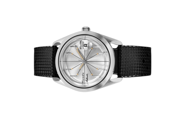 Đồng hồ đeo tay thương hiệu Nivada Grenchen, dòng sản phẩm Antarctic Spider, Ref num 32023A, mặt số Sunray chải bạc trắng, size 38mm, máy tự động, vỏ bằng thép không gỉ 316L, dây da bò, mới 100%