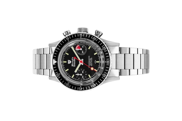Đồng hồ đeo tay thương hiệu Nivada Grenchen, dòng sản phẩm Chronomaster Lollipop, Ref no: 86011M, mặt số màu đen, size 38mm, lên dây cót bằng tay, vỏ và dây đồng hồ bằng thép không gỉ, mới 100%