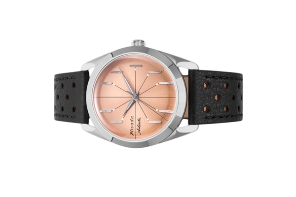 Đồng hồ đeo tay thương hiệu Nivada Grenchen, dòng sản phẩm Antarctic Spider, Ref num 32050A, mặt số hồng cam, size 38mm, máy tự động, vỏ bằng thép không gỉ 316L, dây da bò, mới 100%