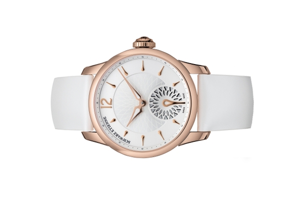 Đồng hồ đeo tay thương hiệu Schwarz Etienne, dòng sản phẩm Fiji Floral Seconds, ref WFI04MA16RB13-A, mặt số bạc, size 38mm, máy tự động, vỏ đồng hồ bằng vàng hồng 18k, dây da, mới 100%