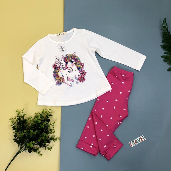 Bộ cotton thu đông đính hình Pony bông hoa viền kim sa dài tay bé gái size 2-8T.X20