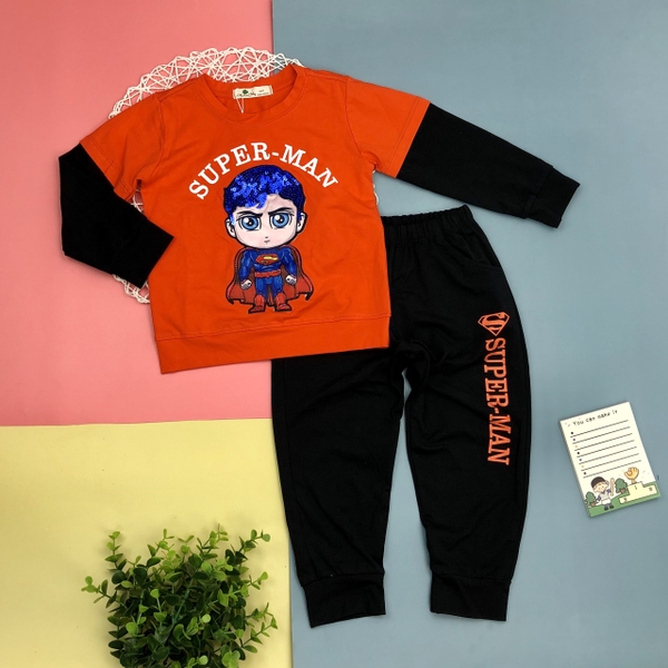 Bộ cotton thu đông bé trai Siêu nhân phối size 3-10T.X20