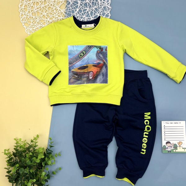 Bộ nỉ da cá thu đông đính hình ô tô đua 3D vuông dài tay bé trai size 1-8T.X20