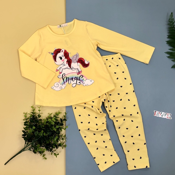 Bộ cotton thu đông đính hình Pony cầu vồng viền kim sa dài tay bé gái size 3-10T.X20