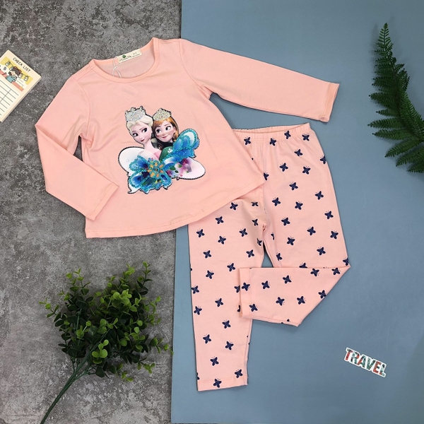 Bộ cotton thu đông đính hình Elsa và Anna viền kim sa dài tay bé gái size 2-8T.X20